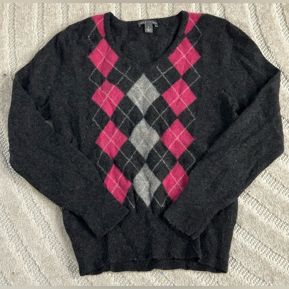 Vintage Y2K 100% Cashmere Pink and Grey Argyle Sweater - S